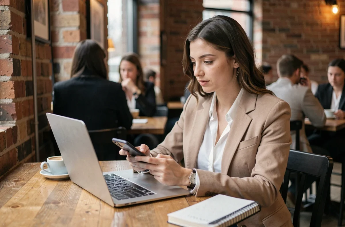 Jeune femme validant une authentification forte pour son compte LCL particuliers dans un café avec laptop et téléphone
