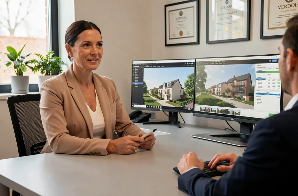 Conseillère Verdoia présentant des données de valorisation immobilière sur écran à un client dans une agence moderne