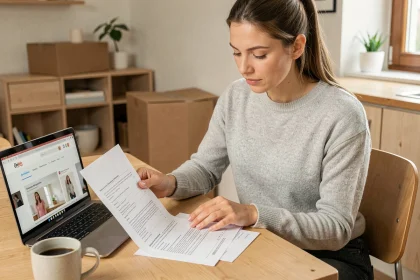 Femme vérifiant un contrat de paiement en plusieurs fois IKEA à domicile