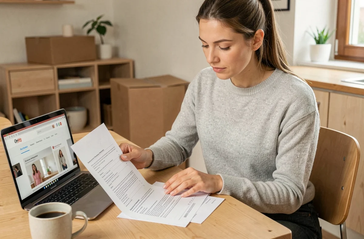 Femme vérifiant un contrat de paiement en plusieurs fois IKEA à domicile