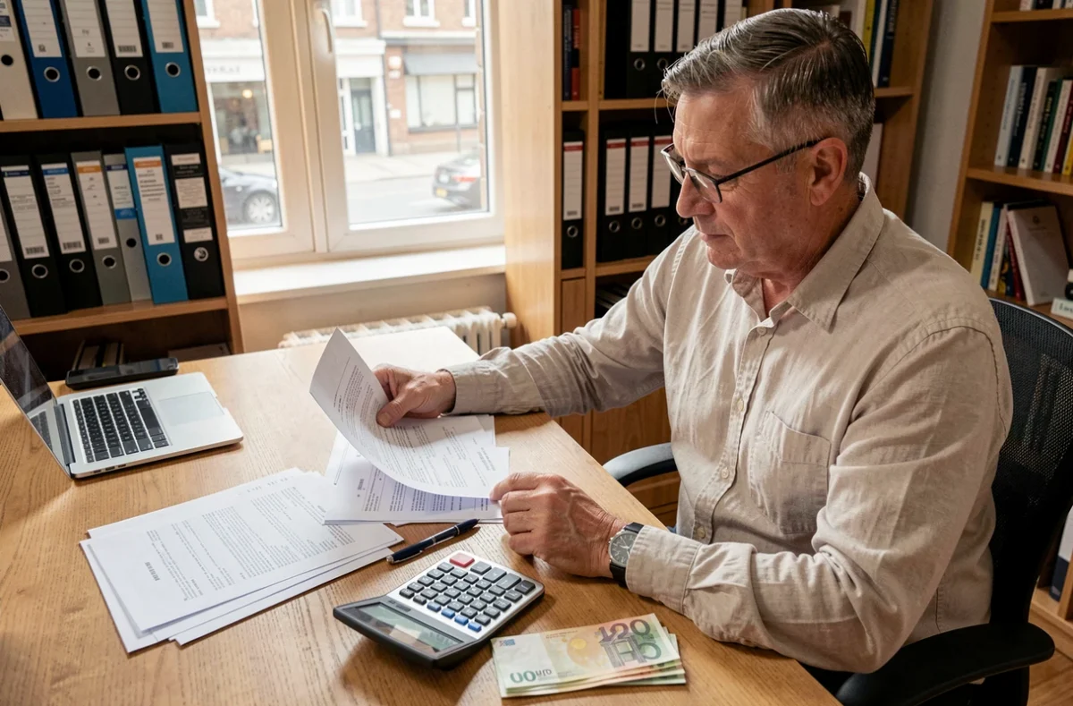 Homme consultant des relevés bancaires avec des billets en euros sur son bureau, abordant la question de la déclaration fiscale des retraits d'espèces importants