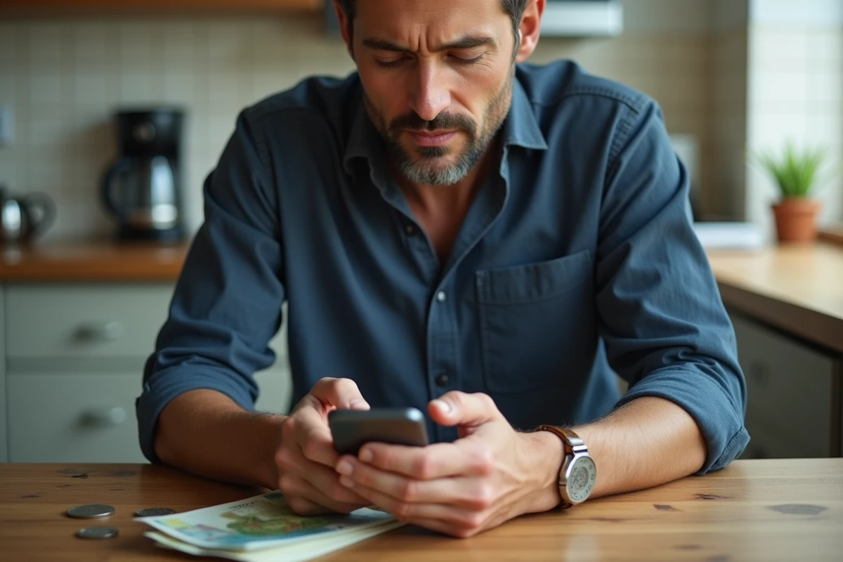 Homme gérant un versement de salaire en liquide via l'application mobile Nickel depuis son domicile