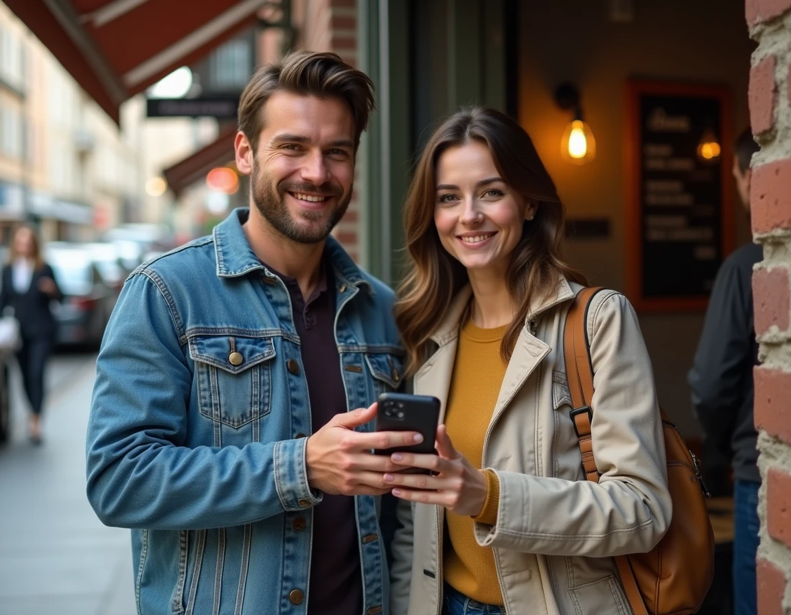 Deux personnes effectuant un virement PayPal entre particuliers devant un café urbain avec un smartphone