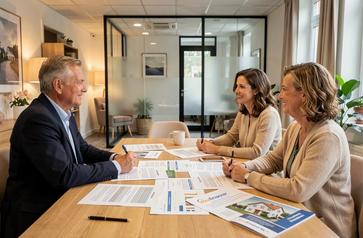 Conseiller Vousfinancer Oise discutant d'un plan de financement immobilier avec un couple
