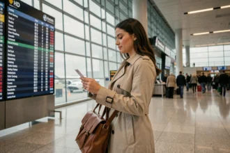 Voyageuse tenant sa carte d'embarquement dans un terminal d'aéroport avant un départ pour New York