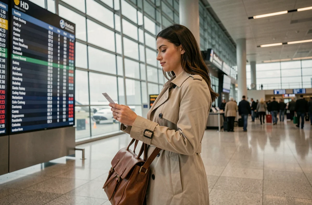 Voyageuse tenant sa carte d'embarquement dans un terminal d'aéroport avant un départ pour New York
